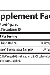 Supplement facts for TMAncestral Beef Liver, showing serving size and nutrient content per serving.